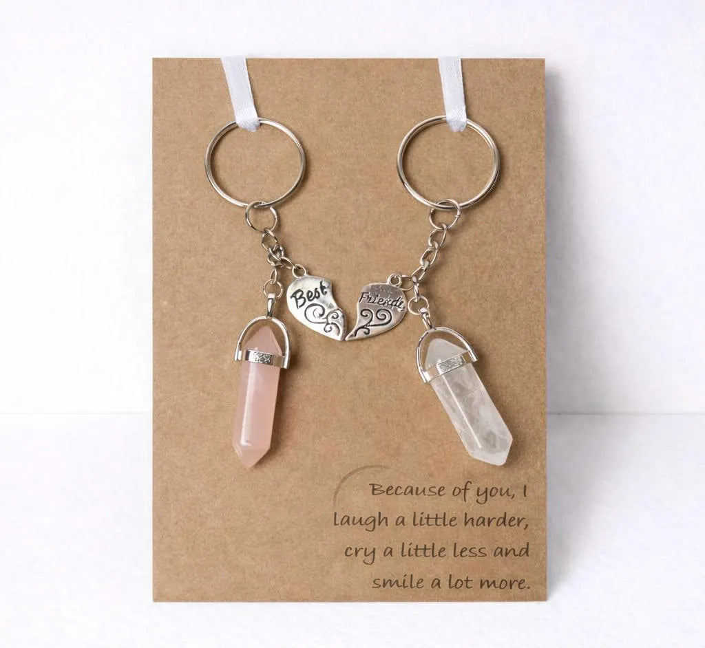 Best friend matching crystal stone healing bff key-rings clear quartz and rose quartz