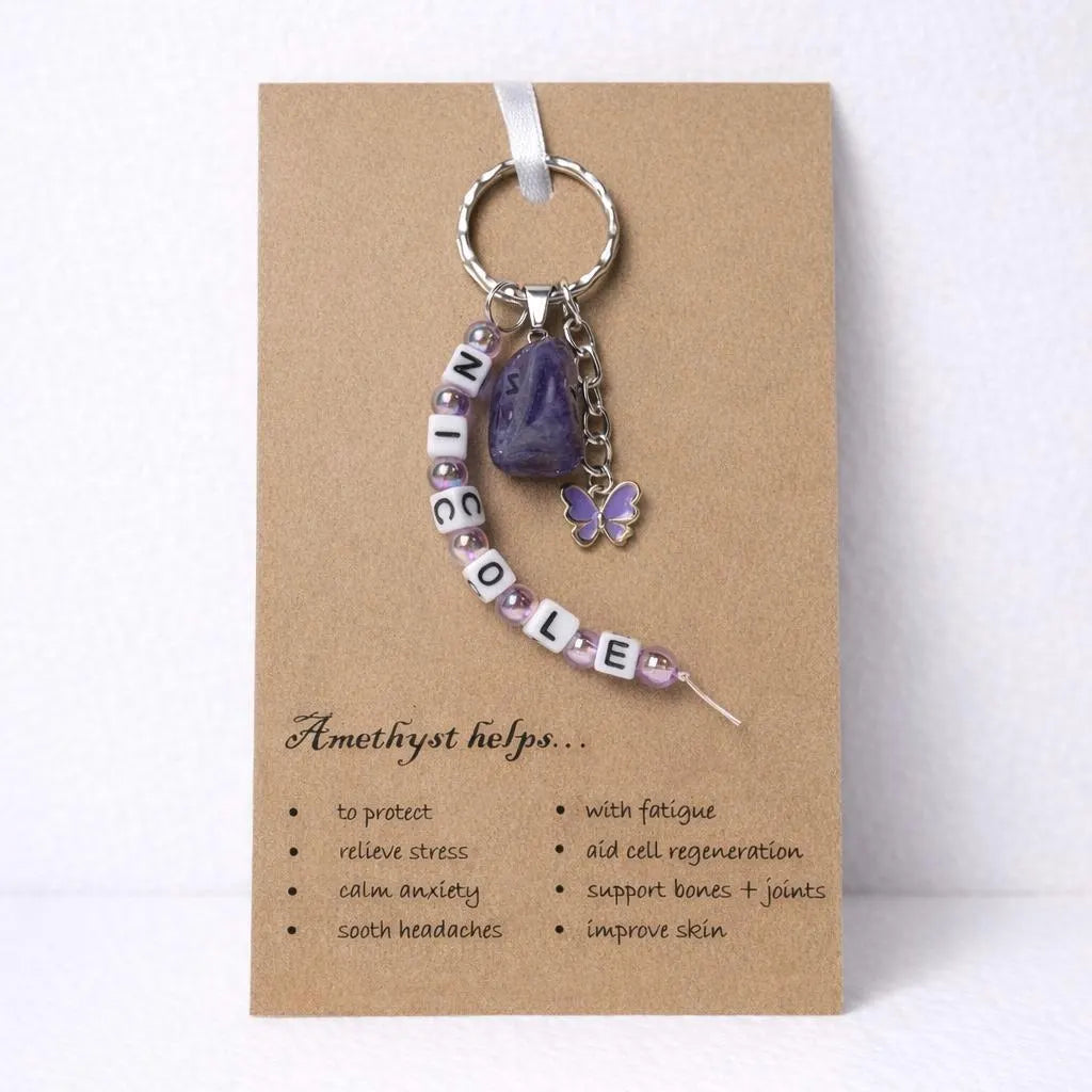 Personalised name amethyst crystal healing stone keyring bag charm