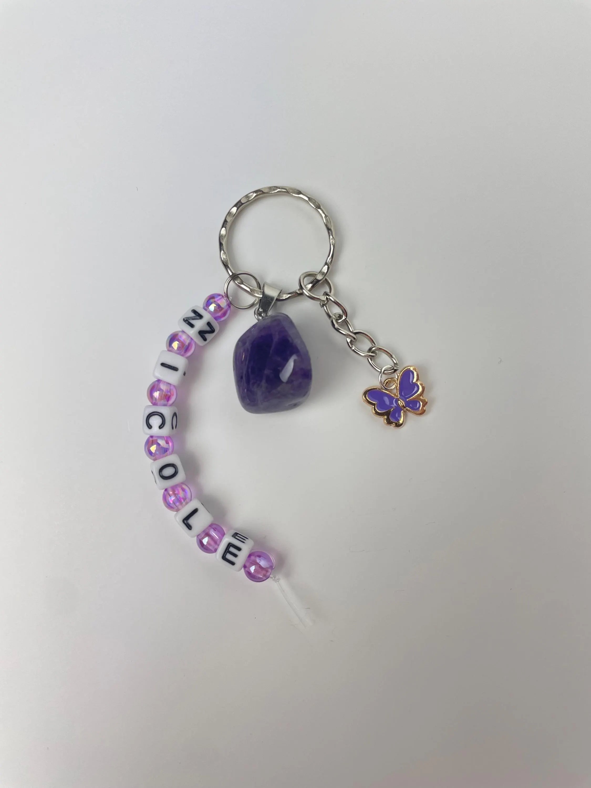 Personalised name amethyst crystal healing stone keyring bag charm