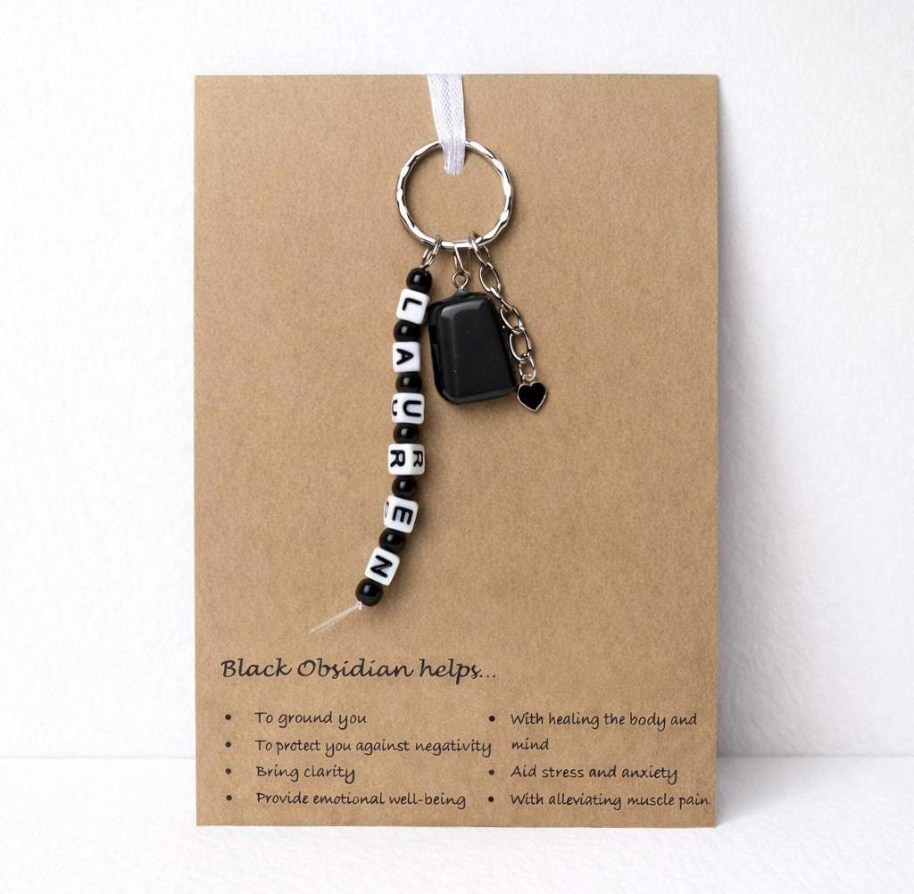 Personalised name Black Obsidian crystal healing keyring bag charm