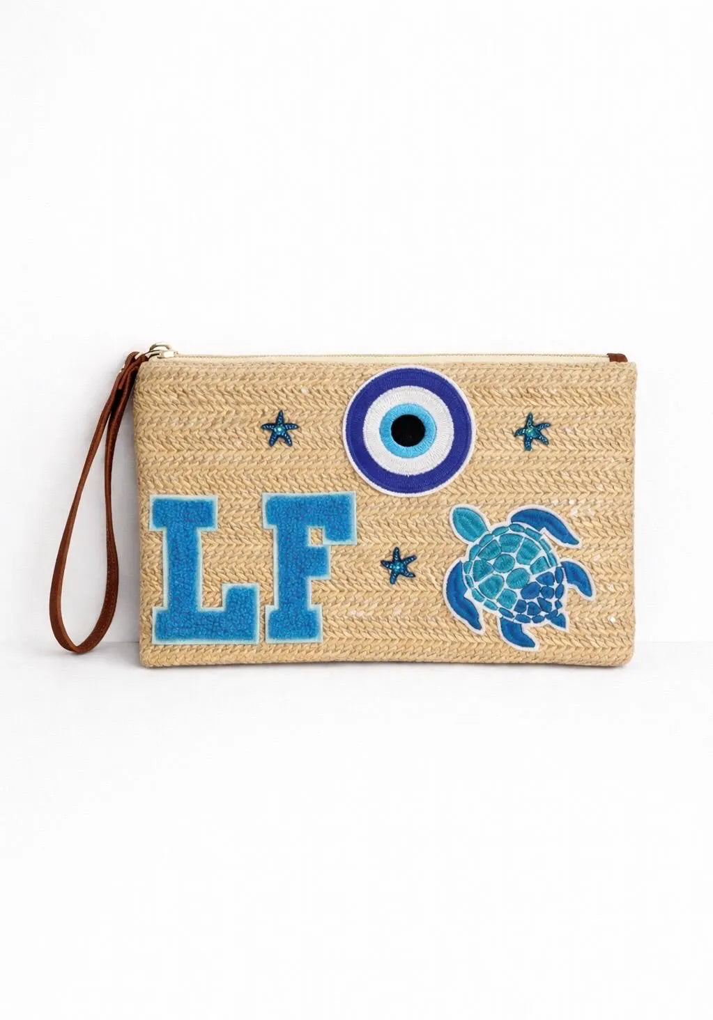 Beige woven clutch holiday beach club bag with blue patches