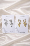 Bow huggie hoop earrings sparkly silver and gold