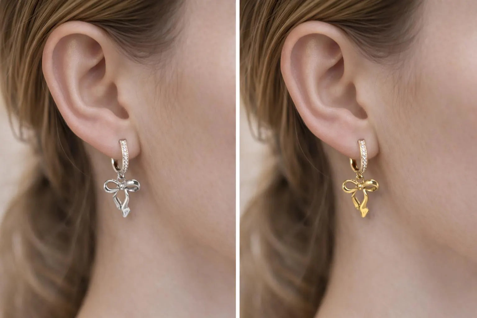 Bow huggie hoop earrings sparkly silver and gold