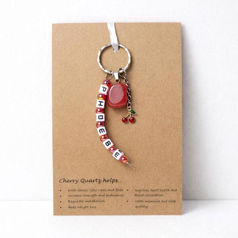 Personalised name Cherry Quartz crystal healing keyring bag charm