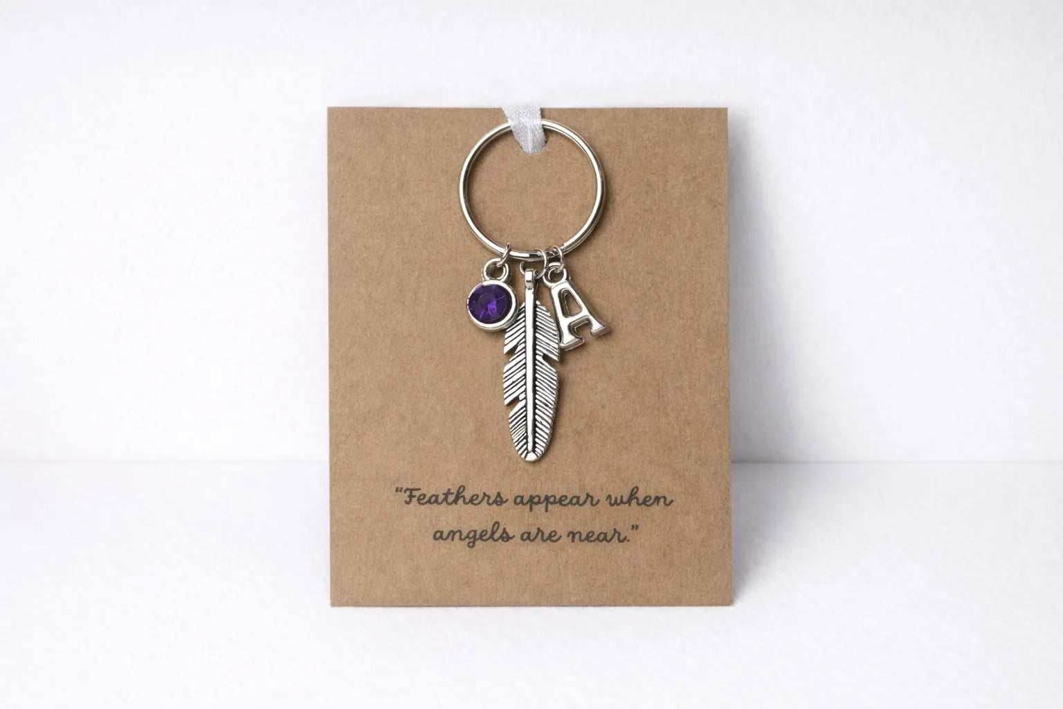 Personalised Feather Birth stone initial Silver Bereavement Angel Keyring