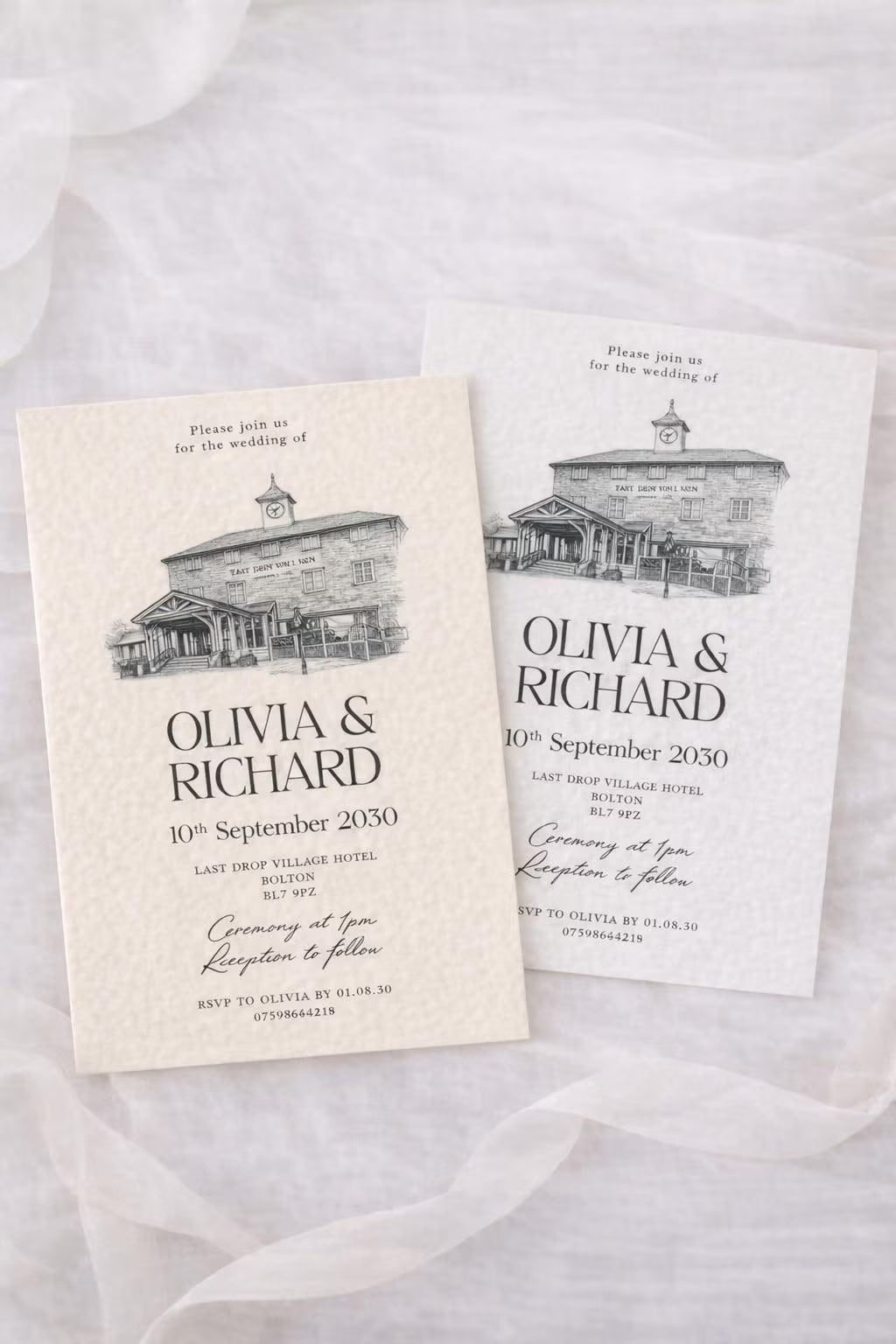 A5 Cream Ivory/White textured wedding invites print sketch drawing wedding venue