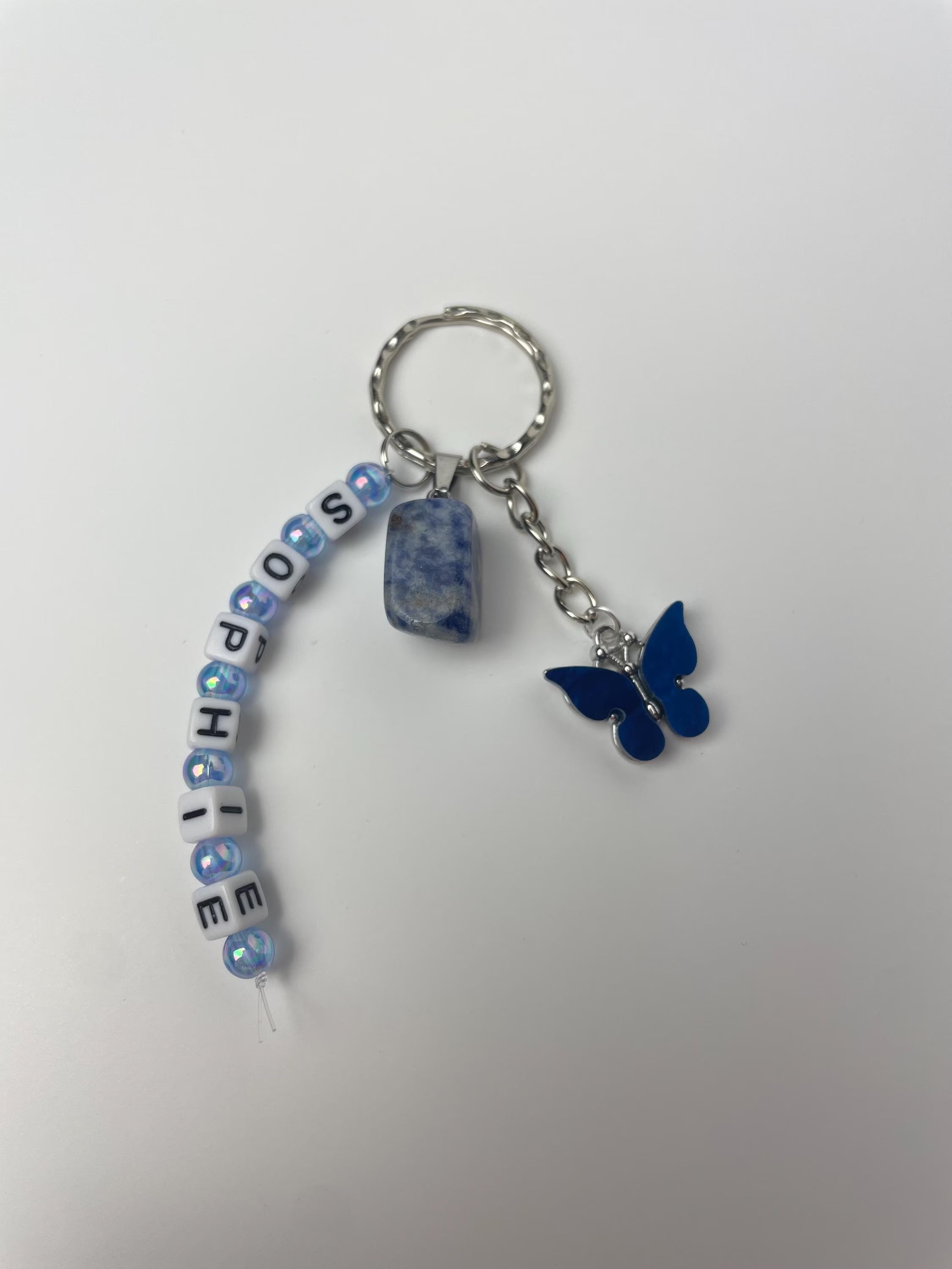 Personalised name Blue Spotted Jasper crystal healing keyring bag charm