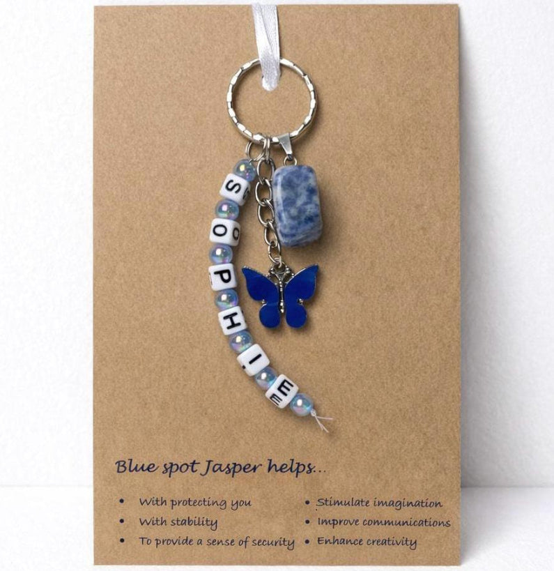 Personalised name Blue Spotted Jasper crystal healing keyring bag charm