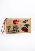 Beige woven clutch holiday beach club bag with leopard patches