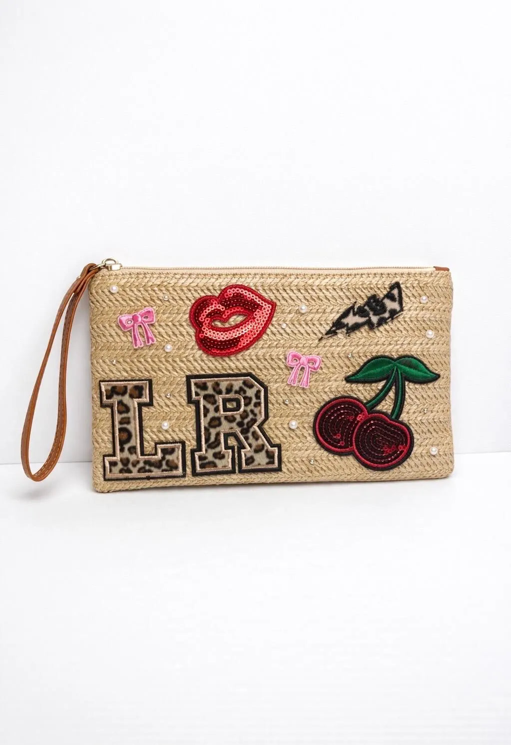 Beige woven clutch holiday beach club bag with leopard patches