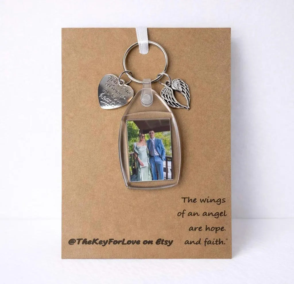 Personalised Photo Custom Bereavement Angel lost loved one charm Keyring