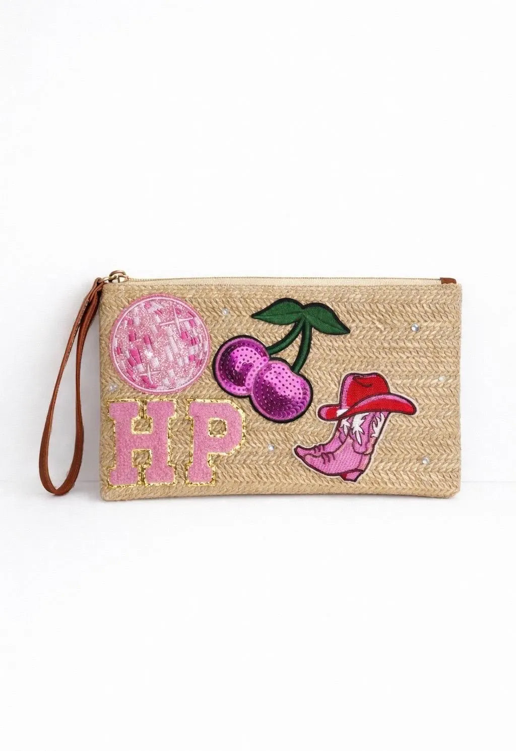 Beige woven clutch holiday beach club bag with pink patches