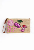 Beige woven clutch holiday beach club bag with pink patches