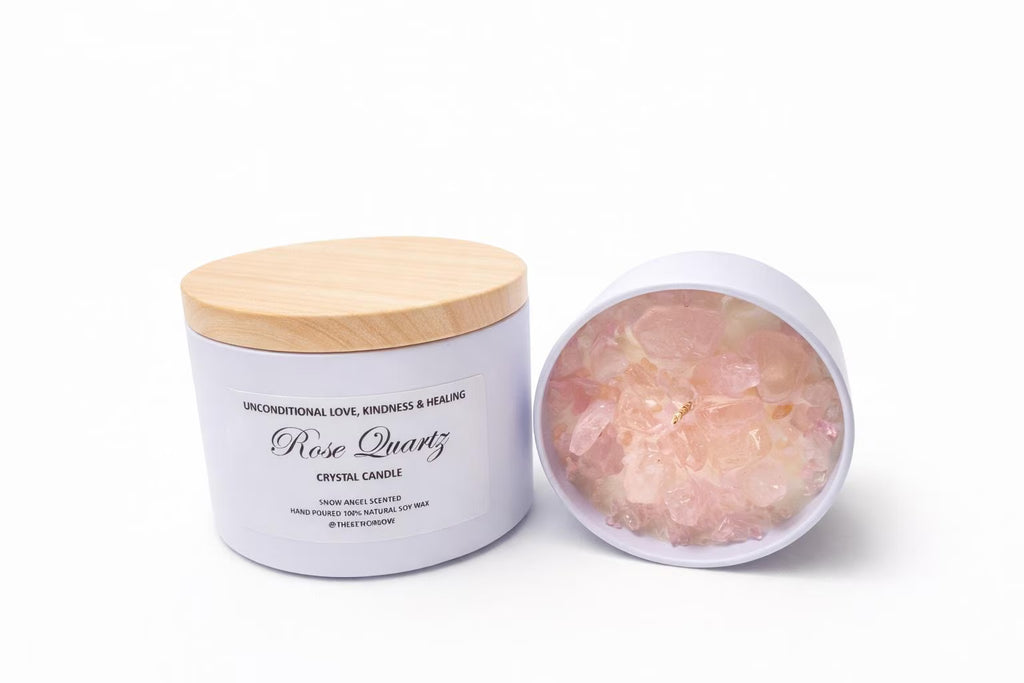 Rose Quartz Crystal Candle: 100% Soy Wax, Snow Angel Scent