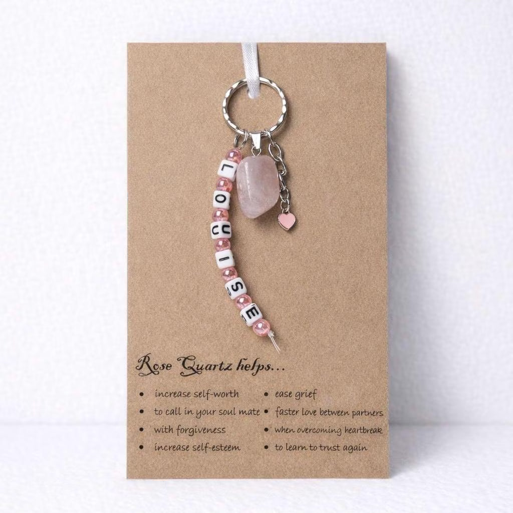 Personalised name rose quartz love natural crystal stone healing keyring bag charm