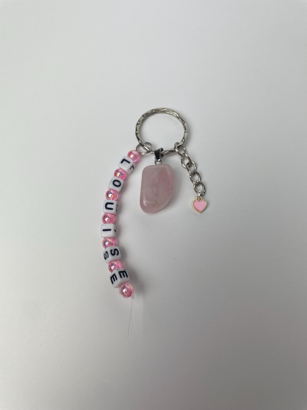 Personalised name rose quartz love natural crystal stone healing keyring bag charm