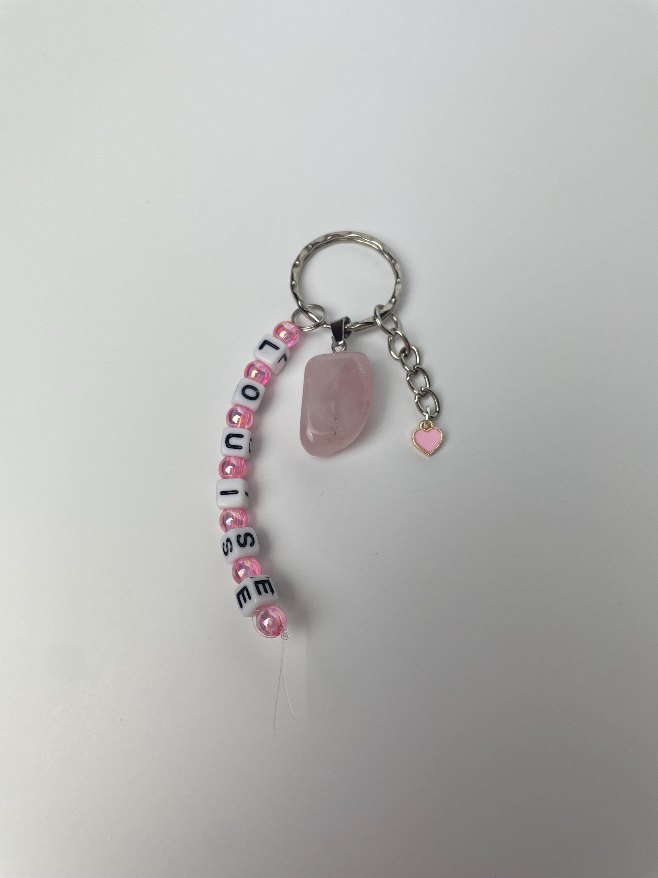Personalised name rose quartz love natural crystal stone healing keyring bag charm