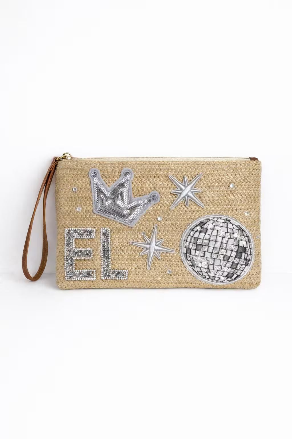 Beige woven clutch holiday beach club bag with silver patches