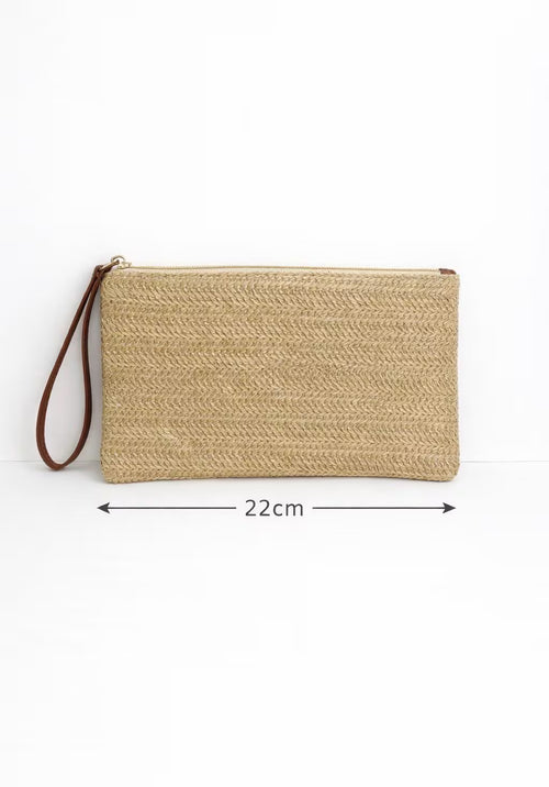 Beige woven clutch holiday beach club bag with blue patches