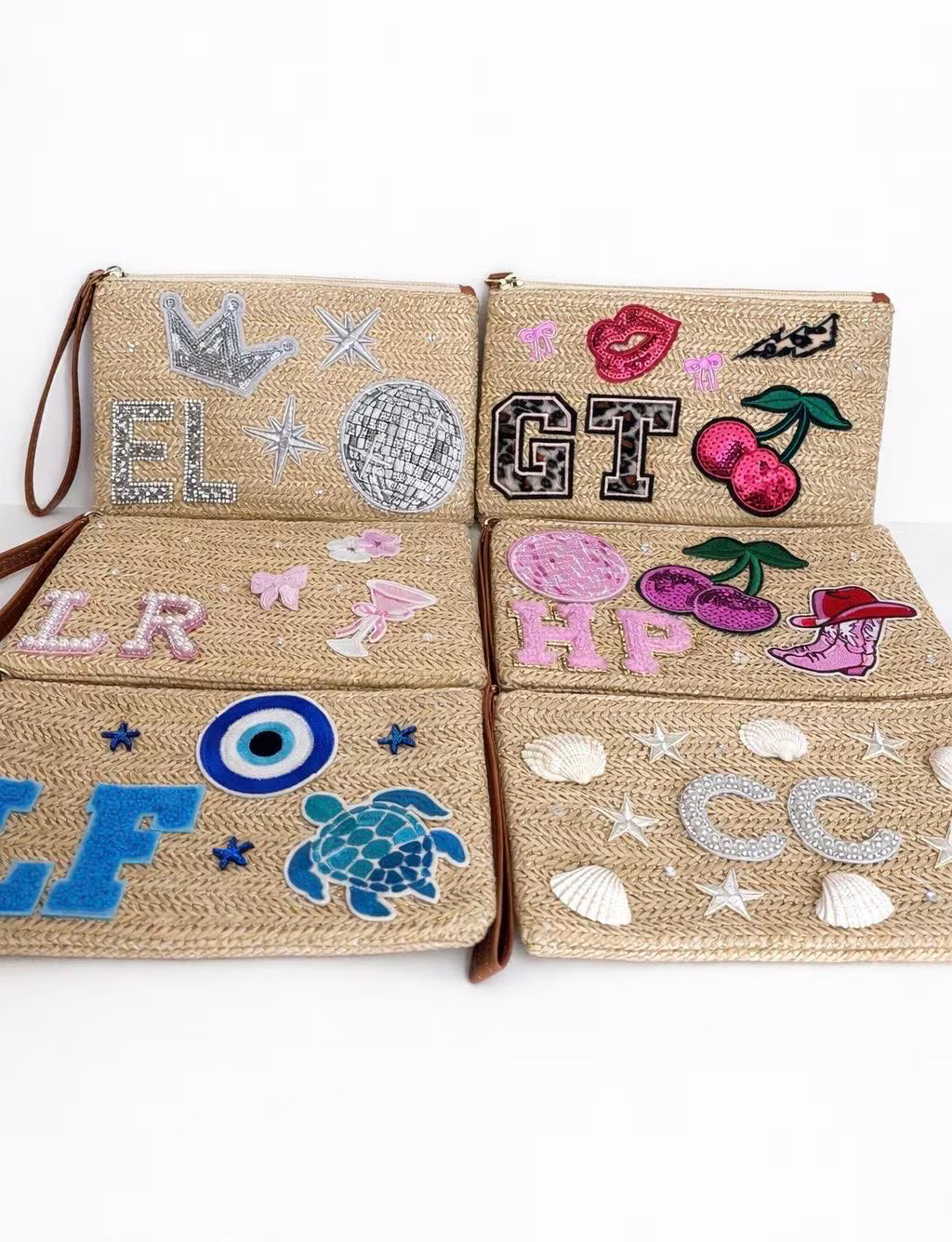 Beige woven clutch holiday beach club bag with light pink patches