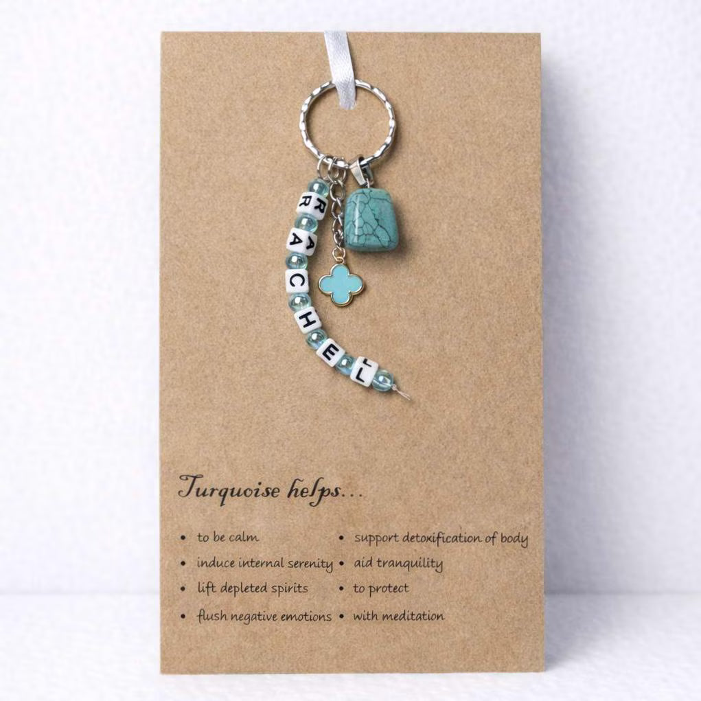 Personalised name turquoise crystal healing stone keyring bag charm